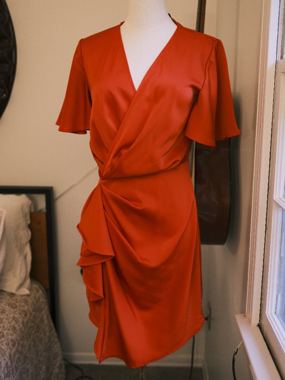 C/MEO Collective Red Wrap Mini Dress Ruffle Draped Waist Flutter Sleeve Size S